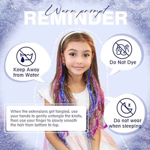 Fairy Hair Tinsel Kit for Girls, Color Tinsel Hair Extensions for kids, Blue and Purple Glitter Hairpiece Clip in, Halloween Hair Accessories, 16 Pieces