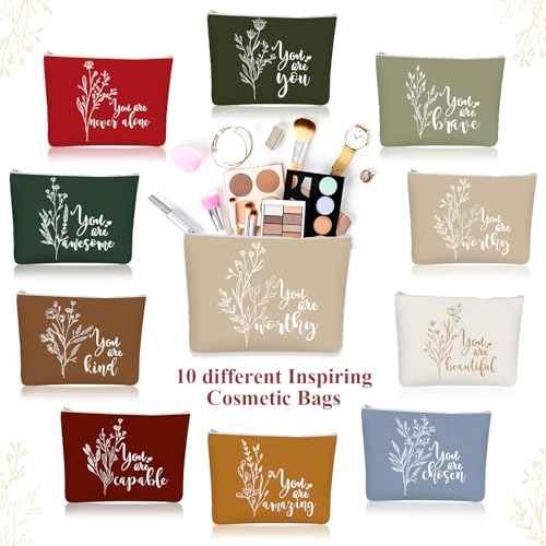 Coume 10 Pcs Boho Flower Canvas Makeup Bags Bulk, Christmas Aesthetic Inspirational Quotes Cosmetic Zipper Encouragement Travel Pouch Toiletry Bag Women Teacher Friend Birthday Gift