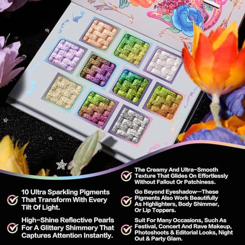 UCANBE Chameleon Multichrome Eyeshadow Palette, 10 Colors Shifting Chromatic Sparkling Metallic Eye Shadow, Multi-Use Blendable Holographic Glitter Shimmer Eye Makeup Palllet (Lunar Mirage)