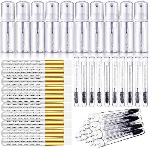 Geiserailie 30 Pcs Lash Shampoo Brushes Soap Bottle Set, 10 Eyelash Extensions Mascara Brushes 10 Peel off Blackhead Nose Cleaning Brush 10 Plastic Foam Reusable Bottle for Women(Simple,White)