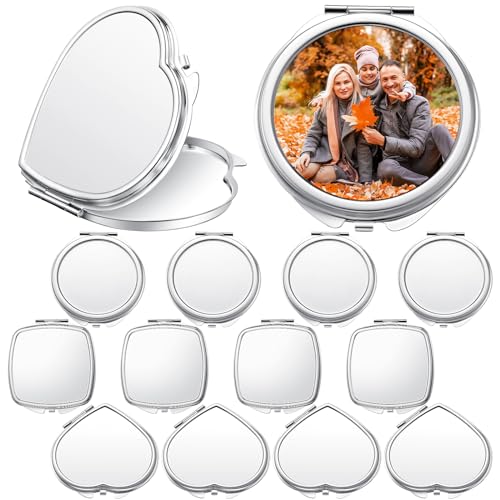 Jetec 12 Pcs Sublimation Blanks Products Small Compact Mirror Bulk Heat Transfer Folding Pocket Makeup Mirror Heart Round Square Double Sided Handheld Sublimation Mirror for Women Gift Purse Travel