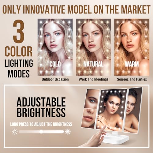 Wireless Rechargeable Lighted Makeup Mirror with 3 Color Lighting, 2000mAh Rechargeable Battery, 10x 3X 2X Magnification, 24 LED, 360 Degree Rotation, Gift for Woman (White)