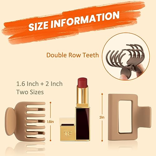 Matte Hair Clips for Women and Girls - Rectangle and Double Row Small Claw Clips for Thin/Medium Fine Hair - Nonslip Jaw Clips (Beige, Khaki, Brown, Black)