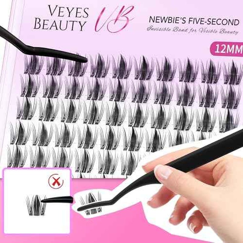 VEYESBEAUTY Lash Clusters Eyelash Extensions Thin & Invisible Band DIY Individual False Eyelashes Newbie's Five-Second Series Wispy Lash Tray for Self-application, Manga Lashes12mm Length