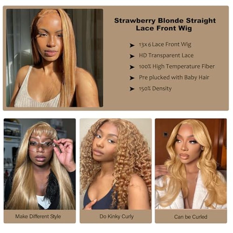 SOKU 13x6 Strawberry Honey Blonde Lace Front Wigs,32 Inch Long Straight Synthetic Hair with Pre Plucked Hairline,Free Part Silky Straight Glueless Lace Frontal Wig for Women Beginner Friendly