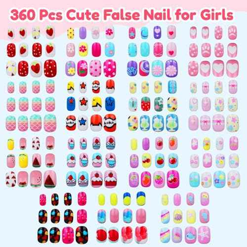 Teenitor 360 Pcs Kids Press On Nails, 15 Styles 12 Sizes Press On Nails for Kids Girls 8-15 Years, Fake Acrylic Kids Nails with Nail Adhesive Tabs, Nail File Nail Buffer