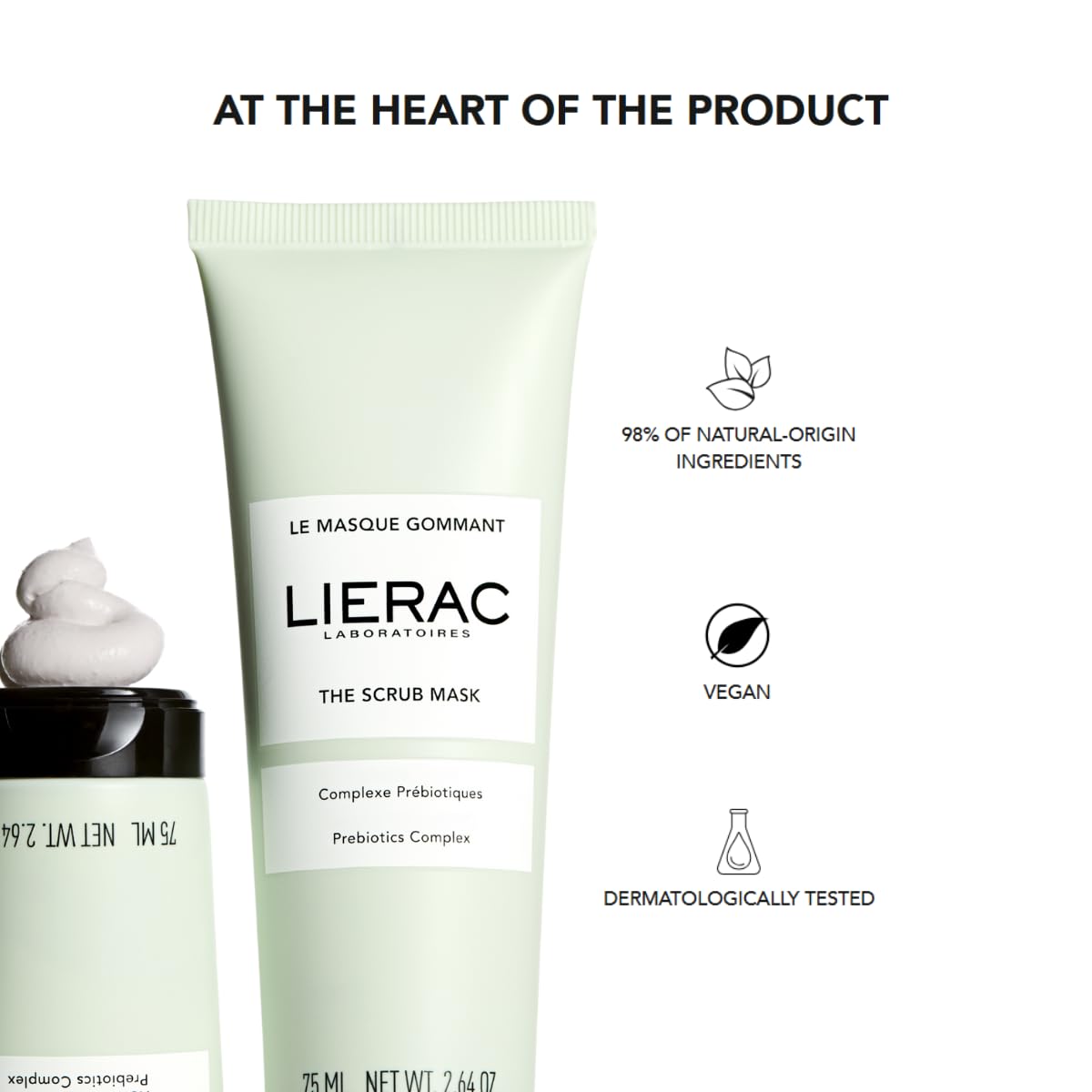 Lierac DEMAQUILLANT The Scrub Mask - Exfoliating Face Wash with Marine Prebiotic Complex, Kaolin - Smoothing Facial Scrub for All Skin Types - 75 ml