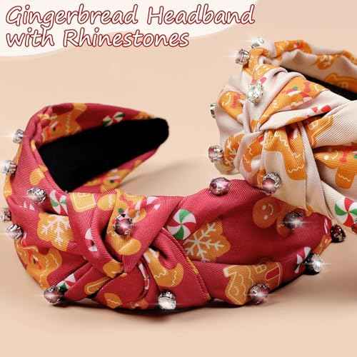 CiyvoLyeen Gingerbread Headband Ribbon Knotted with Jeweled Rhinestones for Women Wide Hot Pink Red Cookies GibberyHouse Hair Bands Girls Hair Accessories Gift Exchange Ideas 3PCS Christmas Gift