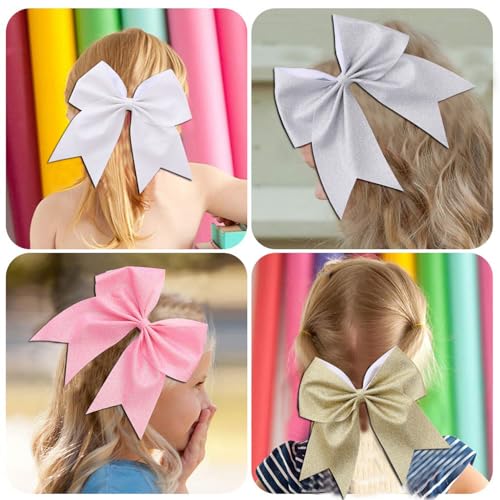 16 PCS Large Glitter White Cheer Hair Bows, Shiny Cheerleading Bows Ponytail Holder for Cheerleader Girls Softball Sports and Christmas Tree Decor (Glitter White)