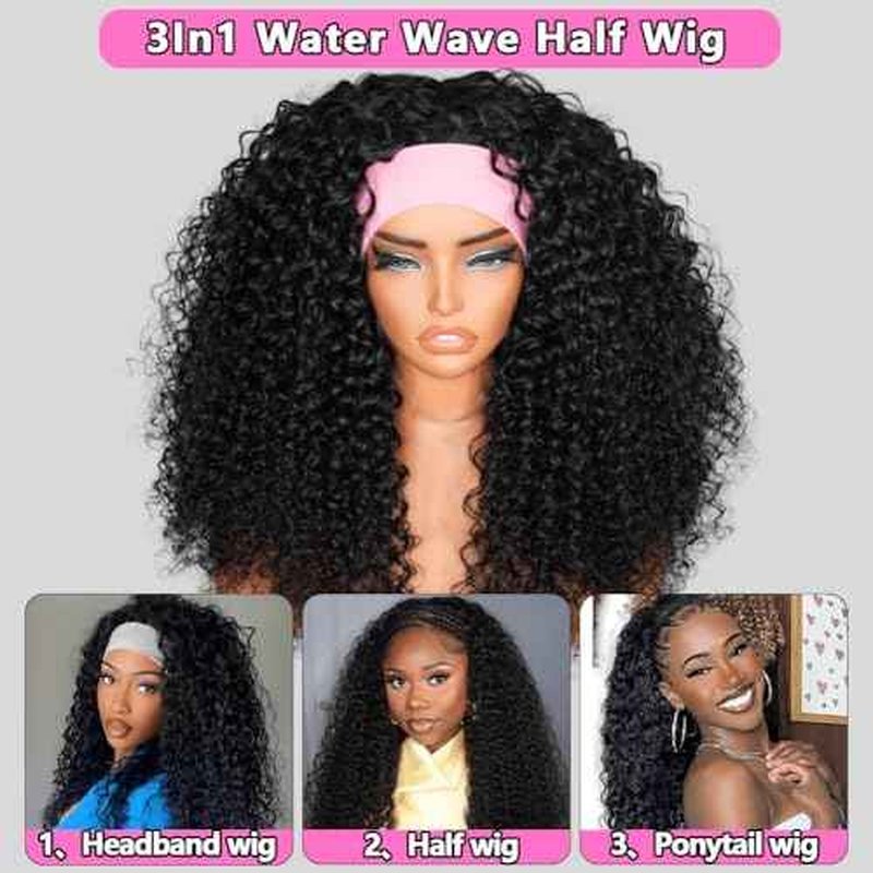Half Wig Human Hair Water Wave Glueless Curly Half Wig Invisible Hairline 200 Density Seamless Flip Over Design for Beginners with Wear Go Headband Wigs for Women 18 Inch