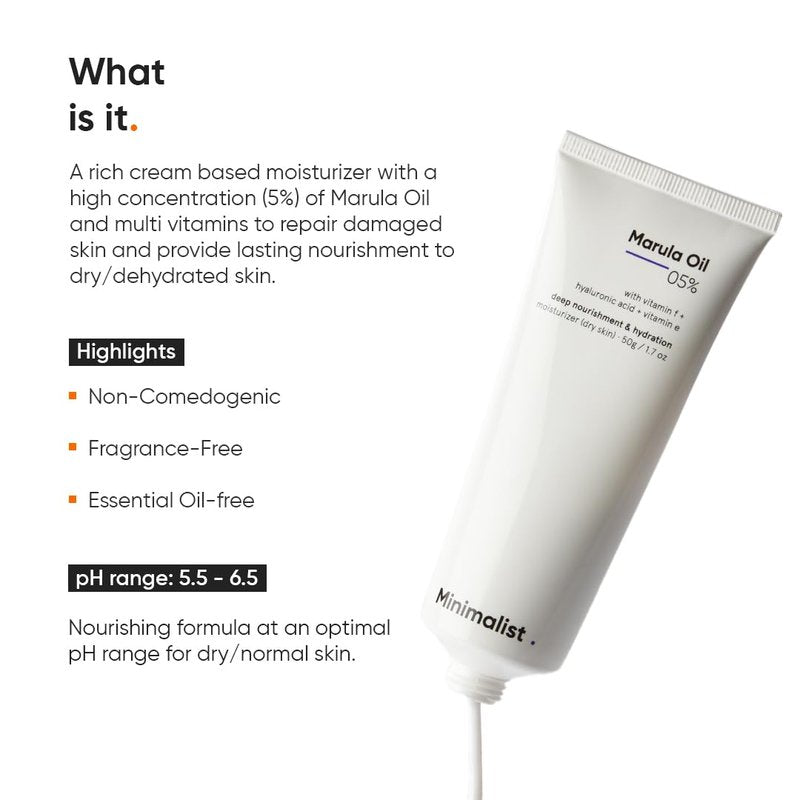Minimalist Face Moisturizer for Dry Skin | Marula Oil 5% With Hyaluronic Acid For Deep Nourishment & Hydration | Face Hydrating Moisturizer | For Women & Men | 1.7 Oz / 50 gm