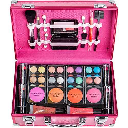 SHANY Carry All Make up Train Case with Pro Makeup Set, Beauty Brushes, Lipsticks, Eye Shadows, Blushes, Powders, and more - Reusable Cosmetics Storage Organizer - Premium Gift Packaging - Pink