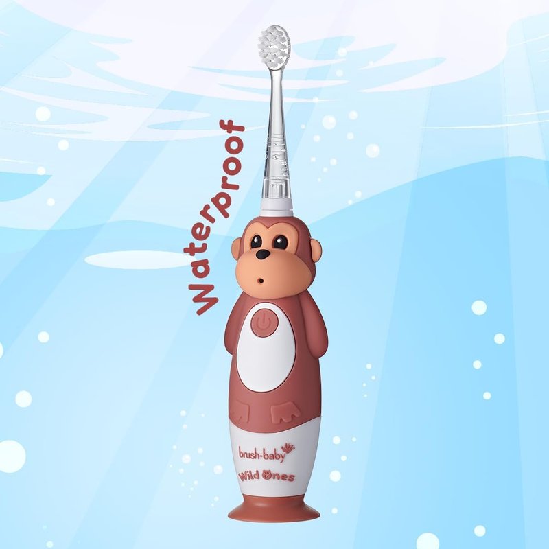 BrushBaby Kids Electric Toothbrush - Rechargeable Monkey Design with Flashing Lights | Deep Clean Bristles, Ages 0-10, 2 Heads