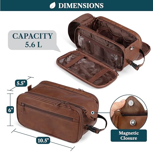 PAVILIA Toiletry Bag for Men Women, Mens Travel Bag Toiletries Organizer Case for Grooming, Travel Essentials Shaving Dopp Kit, PU Leather Water Resistant Cosmetic Pouch, Brown