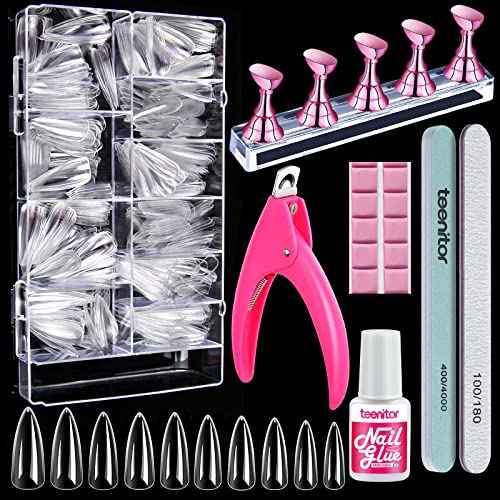 Teenitor Clear Nail Tips Full Cover, Long Stiletto Nails Tips For Acrylic Nails, 600 Pcs Almond Shape Fake Nails Tips With Glue, Acrylic Nail Clipper, Nail Stand Clear Glue On Nails