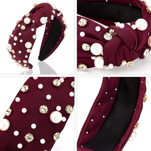 Pearl Knotted Rhinestone Wide Top Knot Beaded Jeweled Headbands for Women's Hair - Crystal Embellished for Christmas Holiday Gifts