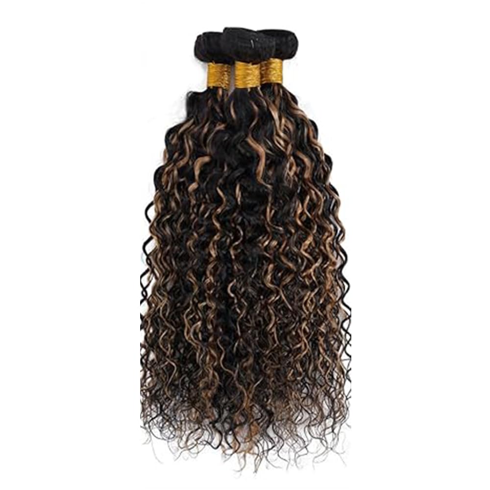 BilltiiWW P1B30 Highlight Kinky Curly Bundles Black Mixed With Light Brown Curly Bundles two tone Brazilian Wavy Weave With Soft and Silky for Women 8 10 12 Inch
