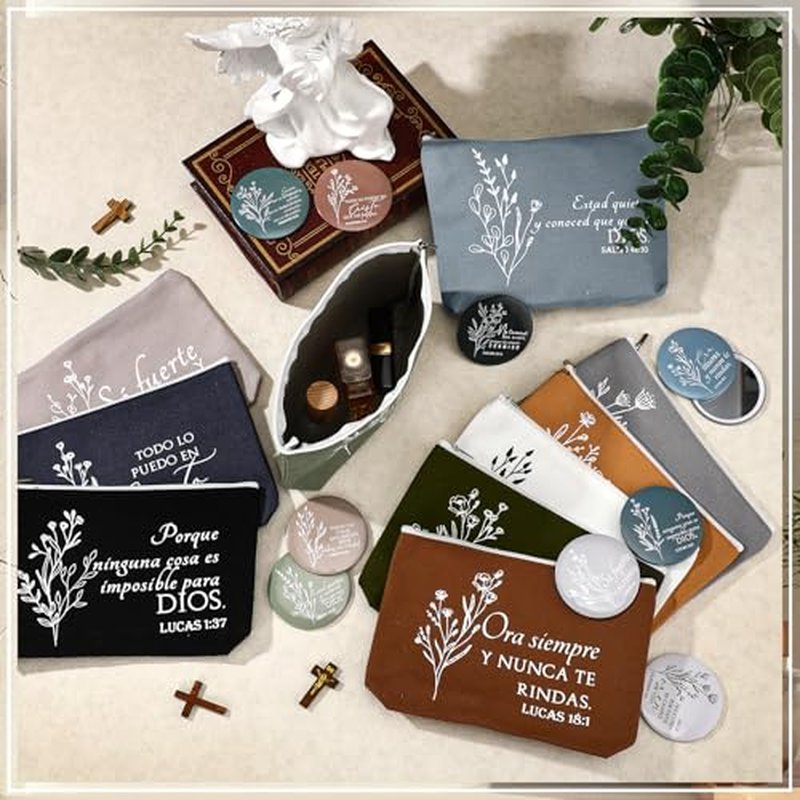 Kacctyen 40 Sets Advent Beauty Calendar Spanish Christian Gifts for Women Regalos Cristianos Para Mujer for Christmas Religious Canvas Makeup Bags with Bible Verse Compact Mirrors (Boho Color)