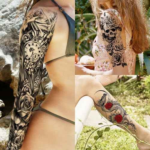 20 Sheets Sexy Rose Flower Full Arm Sleeve Temporary Tattoos For Women Adults Thigh, Half Arm Sleeve Tattoos For Men Angel Anchor Peace Dove Eagle Owl Compass Eye, Black Halloween Fake Tattoo Stickers