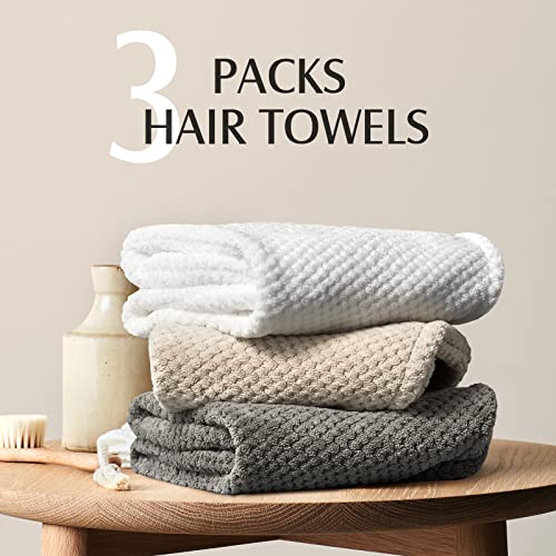 YFONG 3 Pack Large Microfiber Hair Towel Wrap, 30" x 10" Anti Frizz Quick Dry Hair Towels for Women Long, Curly, Thick Hair, Super Absorbent Hair Turban for Wet Hair (Grey, White, Camel)
