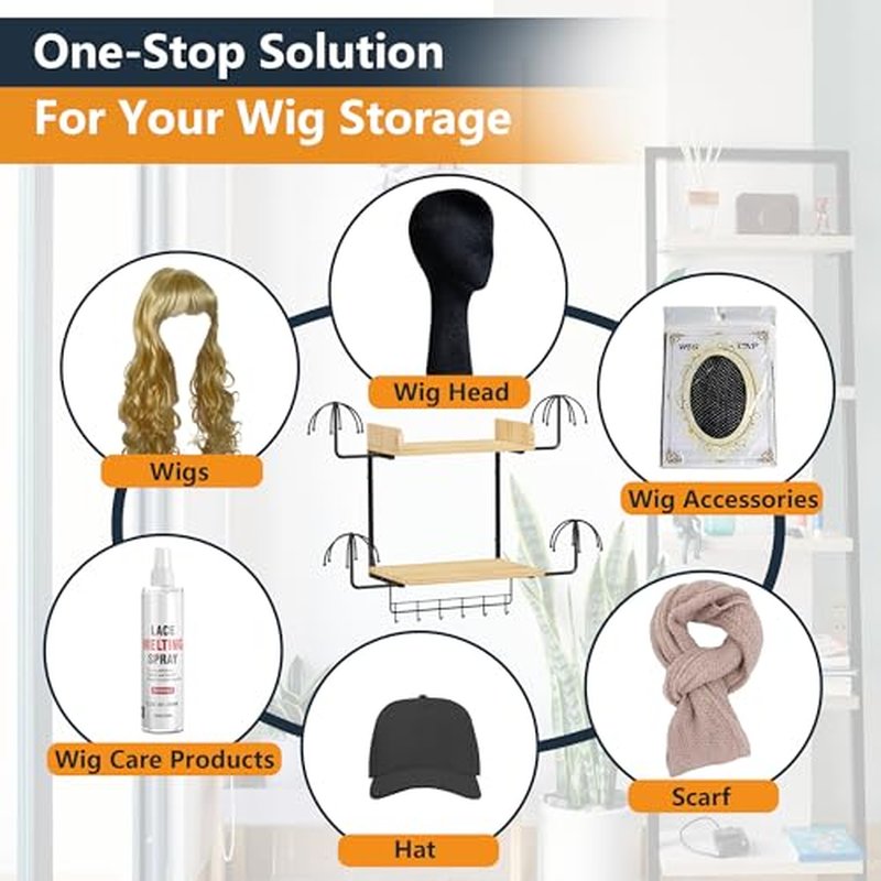Hanging Wig Organizer with 6 Hooks, Wall Mounted Wig Stand and Wooden Storage Shelf
