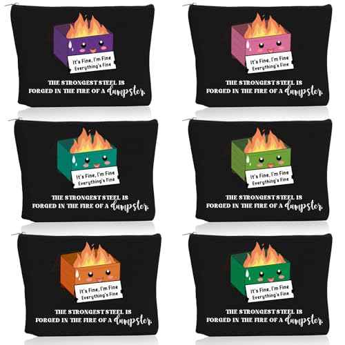 Reginary 6 Pcs Emotional Support Dumpster Fire Cosmetic Bag Gift Team Employee Appreciation Gift Bulk Funny Makeup Bag Canvas Pouch for Coworker Staff Volunteer Teacher Nurse, 6 Style(Black)