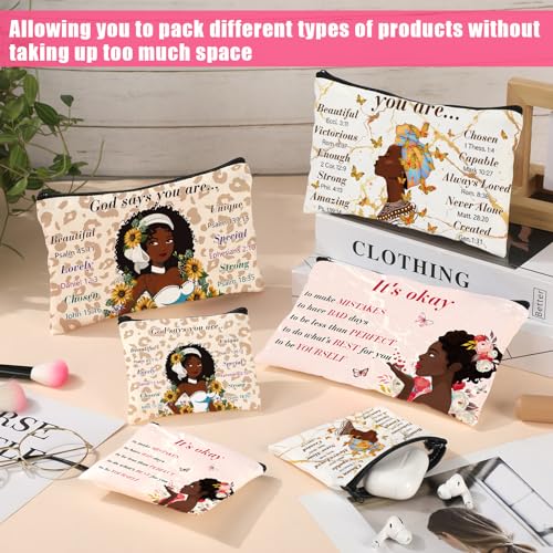 Silkfly 12 Pcs African American Cosmetic Bag for Women Bulk Christian Inspirational Gift Makeup Bag for Black Women Afro Queen Zipper Travel Pouch Purses Toiletry Organizer for Mother Day(Novel)