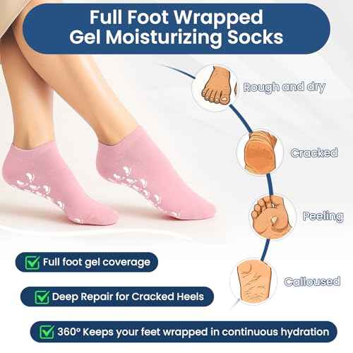 Moisturizing Gel Socks for Women, Full Foot Silicone Socks (Up to Size 7.5) - 2 Pairs Spa Foot Socks with Aloe Vera, Vitamin E & Oil for Dry Cracked Feet, Heel Repair Treatment