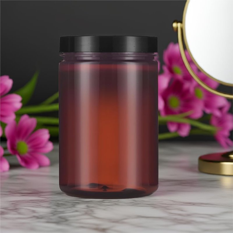 (6 pack) 25 oz Amber PET Plastic Refillable Jar with Black Smooth Foam Lined Lid