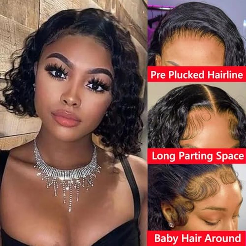 Nakkia 13x6 Deep Wave Bob Lace Front Wig Human Hair 13x6 Lace Frontal Wigs 180% Density Curly Bob Wig Human Hair Pre Plucked for Women Natural Black 12 Inch