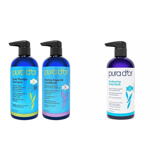 PURA D'OR Scalp Therapy Shampoo & Conditioner Set(16 fl oz x 2) + Awakening Body Wash(16oz) With Aloe Vera, Tea Tree Oil & Lavender