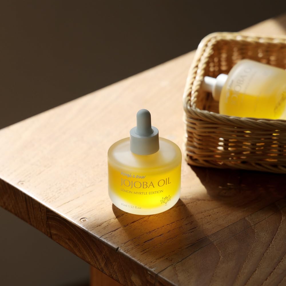 ROUGH & RAW USDA Organic Jojoba Oil with Lemon Myrtle -100% Pure Cold Pressed Unrefined Golden Jojoba for Face, Body, Hair & Nails - Fresh Citrus Scent, Vegan, Cruelty-Free (1.52 fl.oz)