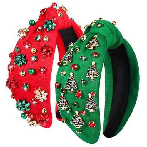 2PCS Christmas Headband for Women - Xmas Bow & Tree Knotted Headband with Red Green Crystal Pearl Jeweled Top Knot - Festive Holiday Hair Accessories - Party Gifts