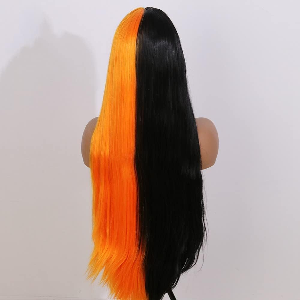 melody wig Half Black Half Orange Synthetic Lace Front Wig Long Silky Straight Wigs Heat Resistant Fiber Long Wigs …
