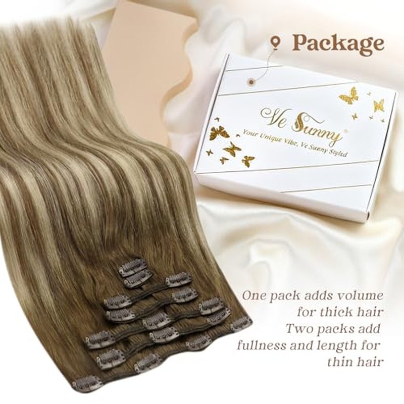 Ve Sunny Balayage Clip in Hair Extensions Brown Blonde Human Hair Clip in Extensions Ombre Hair Extensions Real Human Hair Clip ins Short Straight Hair Soft and Natural 100g 14in
