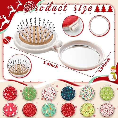 Thyle 12pc Christmas Mini Hair Brush Detangler Brush Folding Mirror Hair Brushes Gift for Christmas Mini Travel Brushes Accessories for Girls Gifts Holiday Supplies Xmas Stocking Stuffers