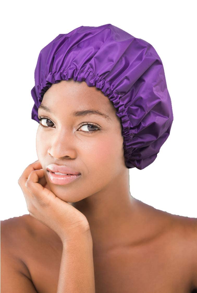 Glow by Daye Satin Lined Shower Cap, Adjustable and Waterproof with Satin Interior for Hair Protection, Large, Purple Rain