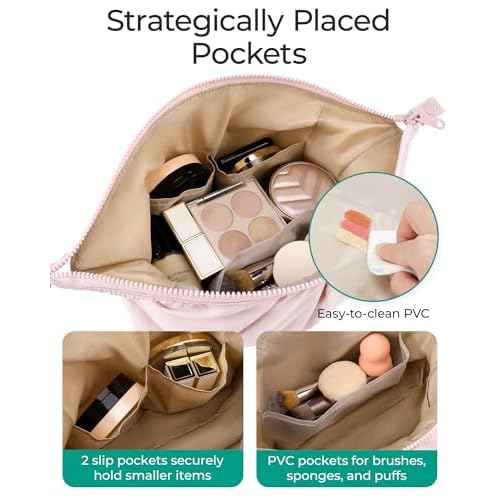 BAGSMART Makeup Bag Travel Makeup Bag, Cute Make Up Bag, Large Capacity Cosmetic Bags for Women, Wide-open Makeup Pouch Travel Essentials Toiletries Accessories Brushes (Camel)