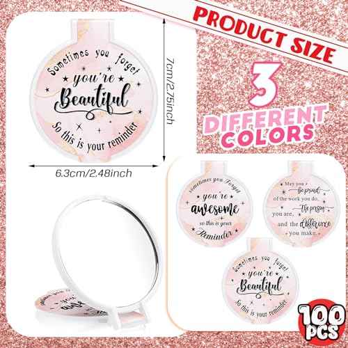 Wenqik 100 Pcs Inspirational Mini Compact Mirror for Purse Women Small Gifts Bulk, Round Makeup Folding Mirror, Thank You Gift Bag Stuffer Items, Christmas for Coworker Employee Staff (Light Pink)