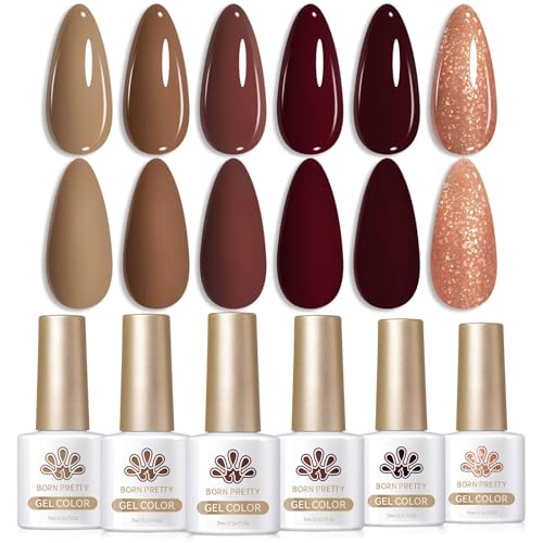 Born Pretty Fall Winter Gel Nail Polish Burgundy Wine Red Caramel Brown Coffee Autumn Gel Polish Set Gel Nail Kit Christmas Gift Nail Art Manicure Collection 6PCS 7ML