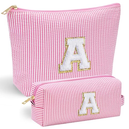 YOOLIFE Personalized Initial Makeup Bag for Women | Pink Cosmetic Travel Toiletry Bag | 11 12 13 14 15 16 Years Old Girl Gifts | Preppy Stuff Teen Girl Gift Trendy Stuff A