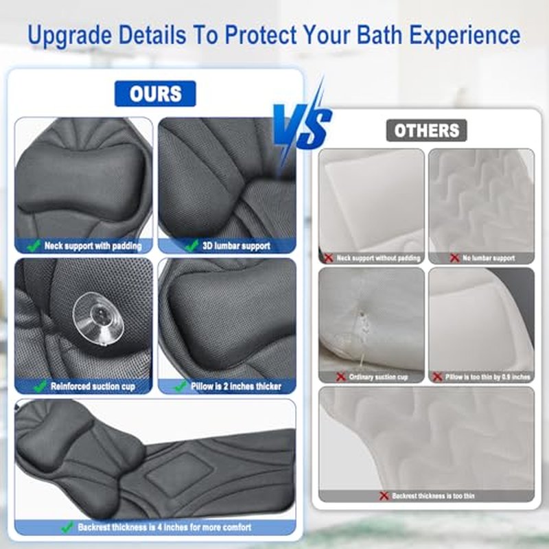 Full Body Bath Pillow for Bathtub, Luxury Bath Pillows Gifts for Women Thick Bathtub Cushion for Soaking Tub with Laundry Bag, Bathtub Pillow Luxury Bathtub Pillows for Head,Neck & Back(Dark Grey)