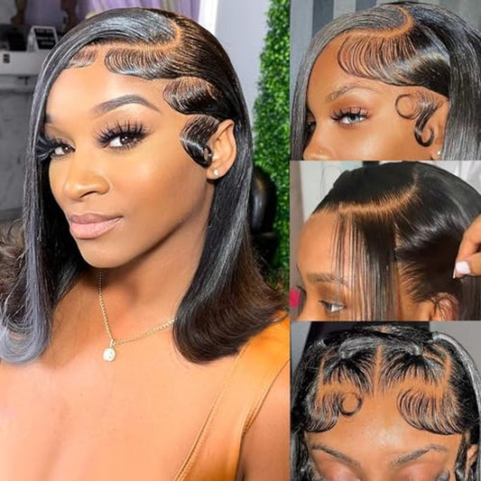 Bob Wig Human Hair 13x4 HD Lace Frontal Short Straight Lace Front Bob Wigs for Black Women Human Hair Pre Plucked Glueless Side Part 180% Density Black Color 14 Inch