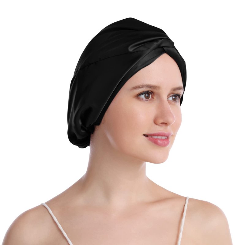 SOBONNY Silk Bonnet for Sleeping 100% Mulberry Silk Sleep Cap for Women Hair Care Night Cap Fixed by The Elastic(1Pc, Black)