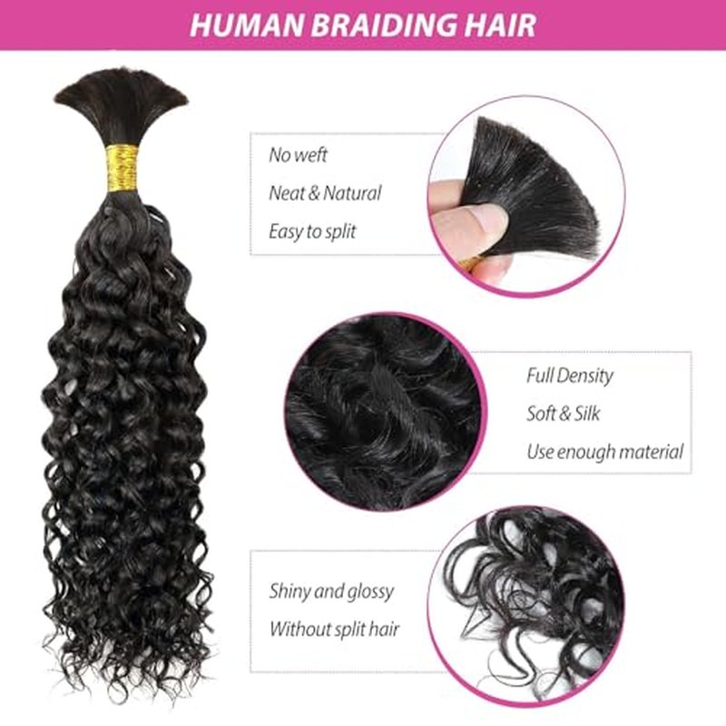 Human Braiding Hair, 3 Bundles 150g Water Wave Bulk Boho Hair for Braiding, 12A Curly Human Braiding Hair for Boho Knotless Braids Bundles Natural Color 20 Inch
