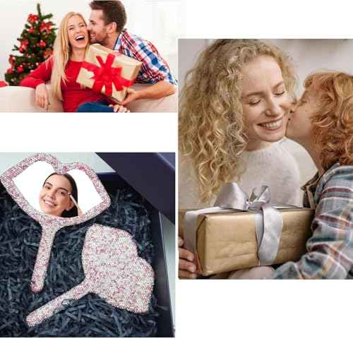 Rhinestone Mirror Handheld Lip Lash Mirrors Sparkle Travel Makeup Mirror with Handle Cosmetic Dazzling Portable for Women, Pink