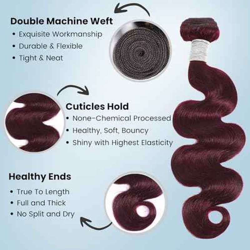 ALHER #99j Dark Burgundy Body Wave Bundles with 2x6 Kim K Lace Closure 18 20 22+18 Inch, Purplish Wine Red Color 3 Bundles with 2x6 Long Deep Part Closure With Baby Hair 100% Real Human Hair