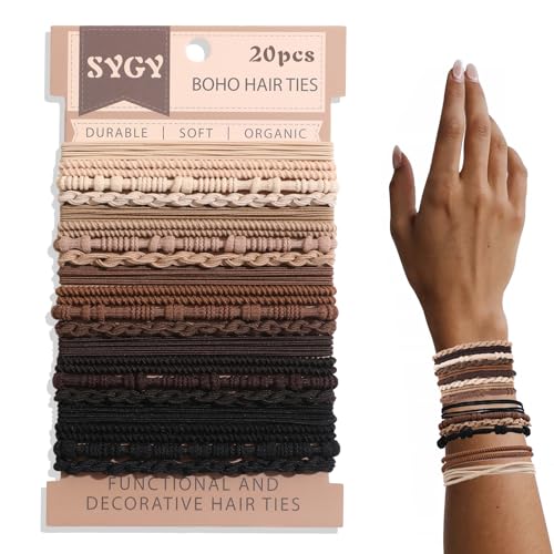 20 PCS Boho Hair Ties, Bracelets Hair Ties for Thick or Thin Hair, 4 Styles Boho Ties for Ponytail Holders, 2.36¡¯¡¯ Hair Ties No-Damage, Chirstmas Gifts, Brown