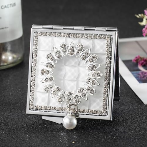 HEALLILY Portable Makeup Mirror - Compact Vintage Folding Double-Sided Travel Mirror with Elegant Flower Pattern and Pearl Pendant for Men and Women