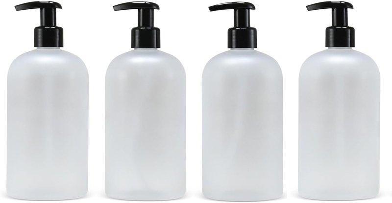 Refillable 16 oz PET Plastic Bottles - Set of 4 with Lotion Pumps for Shampoo, Body Wash & More | Drip-Free, Rust-Free (Frosted Clear)